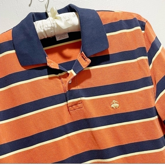BROOKS BROTHERS Mens ORIGINAL FIT PERFORMANCE POLO SHIRT Blue Orange Stripe L - Picture 2 of 7